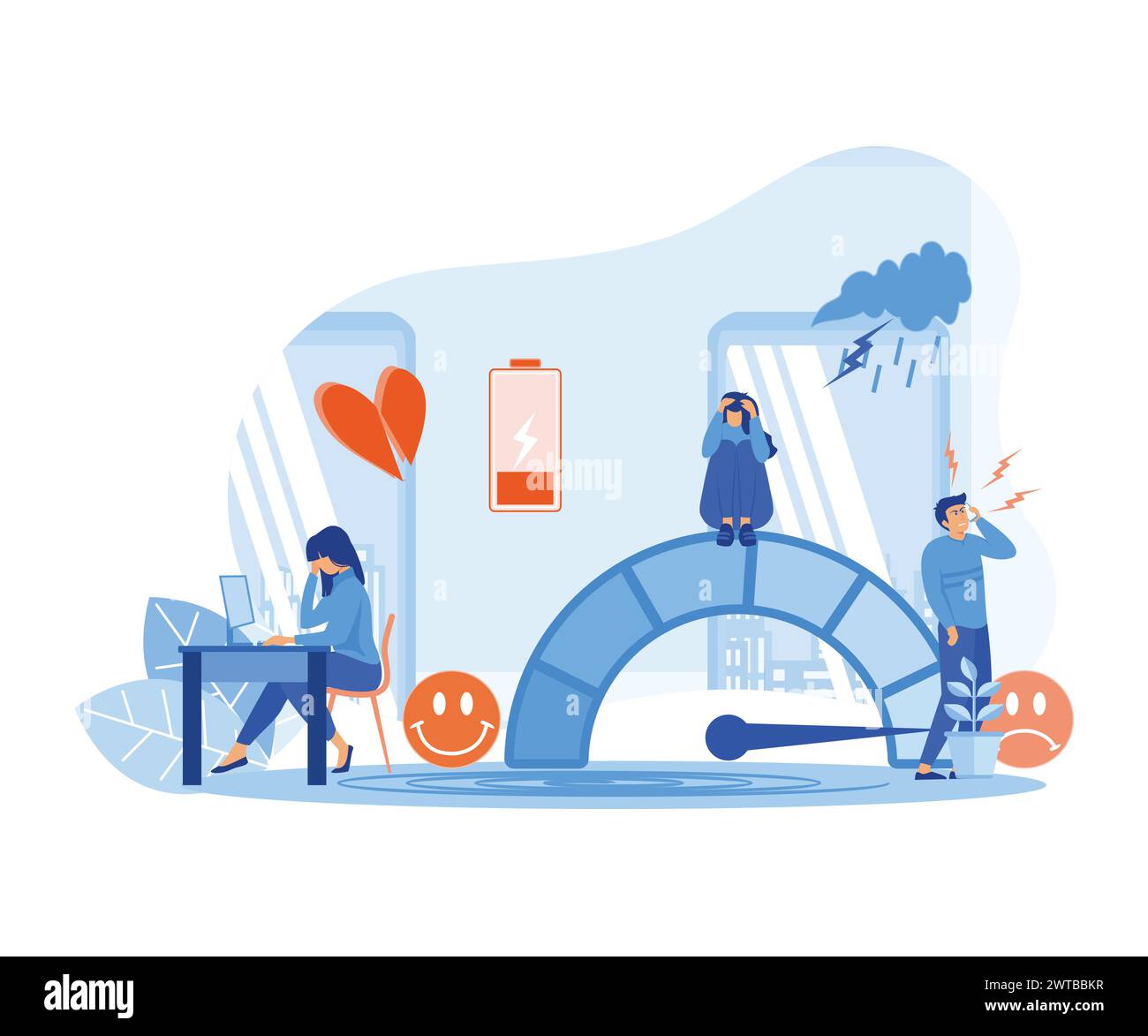 Stress Level concept. Energetic business woman working at table with computer. Fully charged active girl. Mentally healthy employee. flat vector moder Stock Vector
