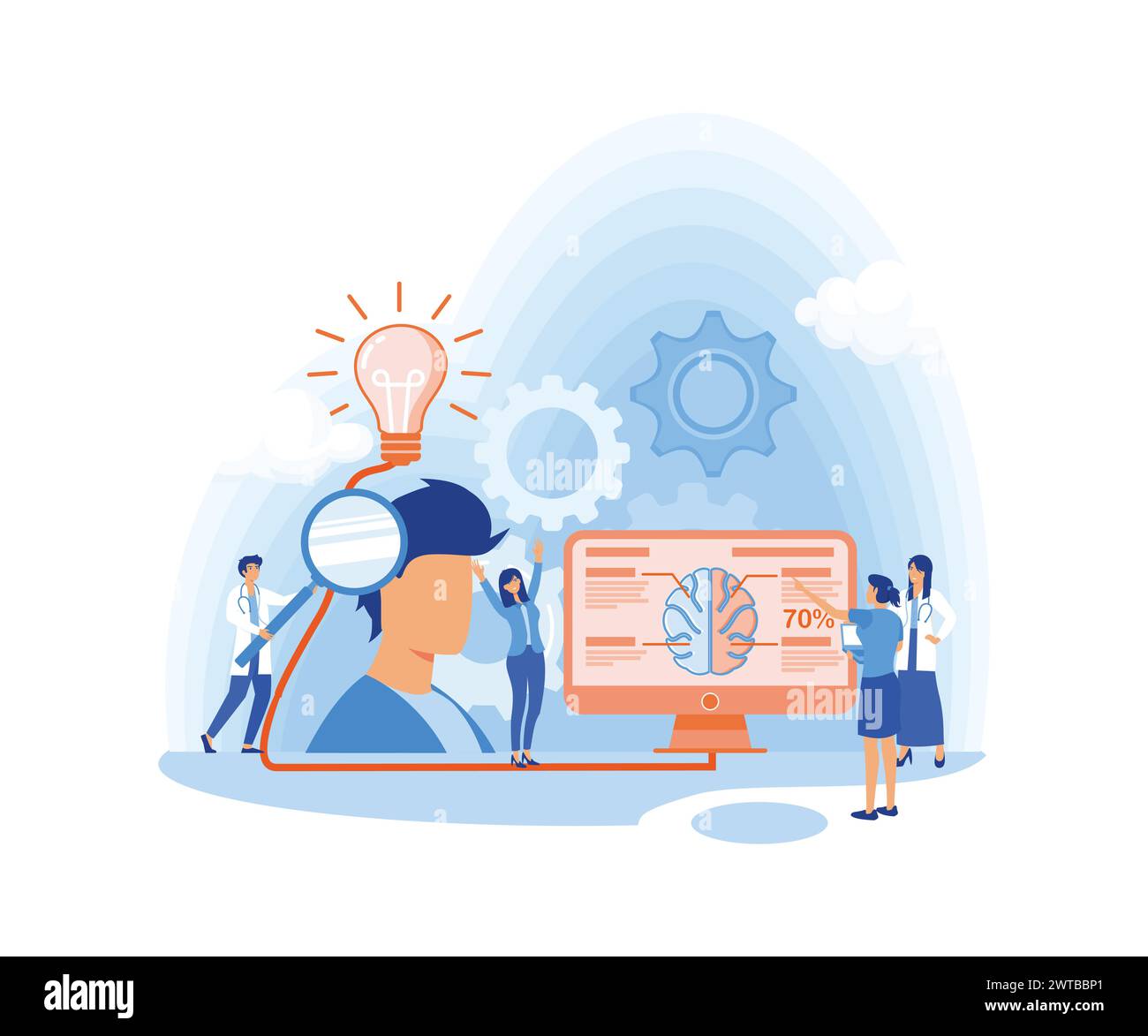 Informational Poster Team Work on Realization Idea. Flat Banner Study Ideas in Head Man. People Make List Creative Ideas. Team Work with Boss. flat ve Stock Vector