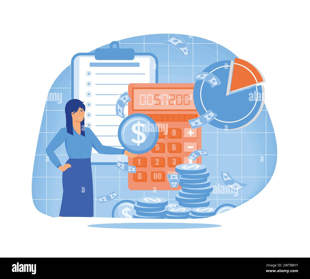 Calculation, bookkeeping investment money concept, Woman with calculator counting, thinking about profit. Economic audit, financial analysis, tax acco Stock Vector