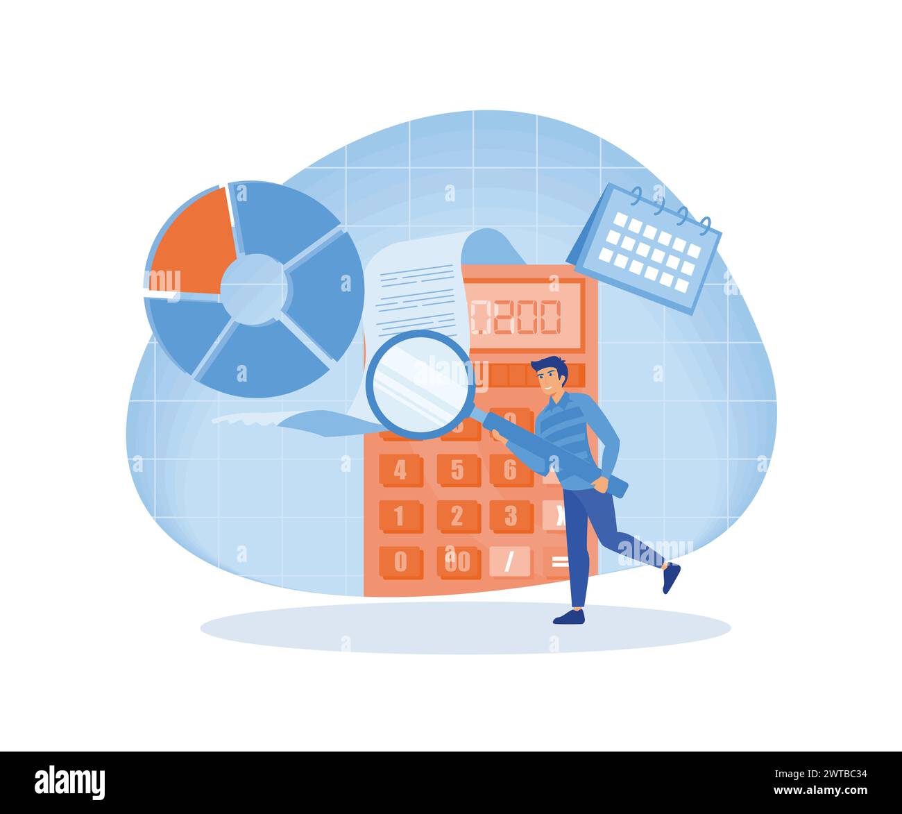 Man looking through magnifying glass at bill, check or invoice. Concept of accounting and auditing service for business, budget planning, revenue calc Stock Vector