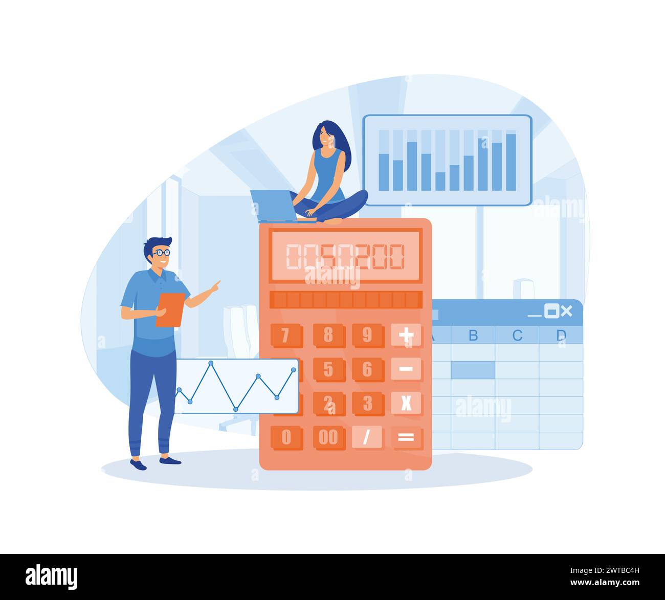 Software for accounting with sheet, formula, calculators. make balance sheet easier with software. organizing accounting, financial, banking data in f Stock Vector