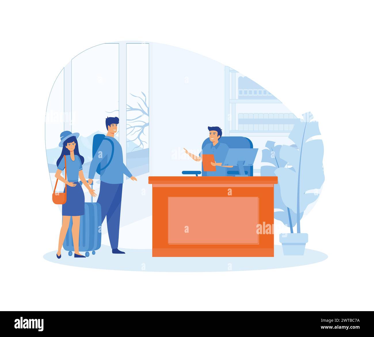 Receptionist job concept. Customers consulting manager at reception. Tourists checking in to hotel, standing at desk in lobby. flat vector modern illu Stock Vector