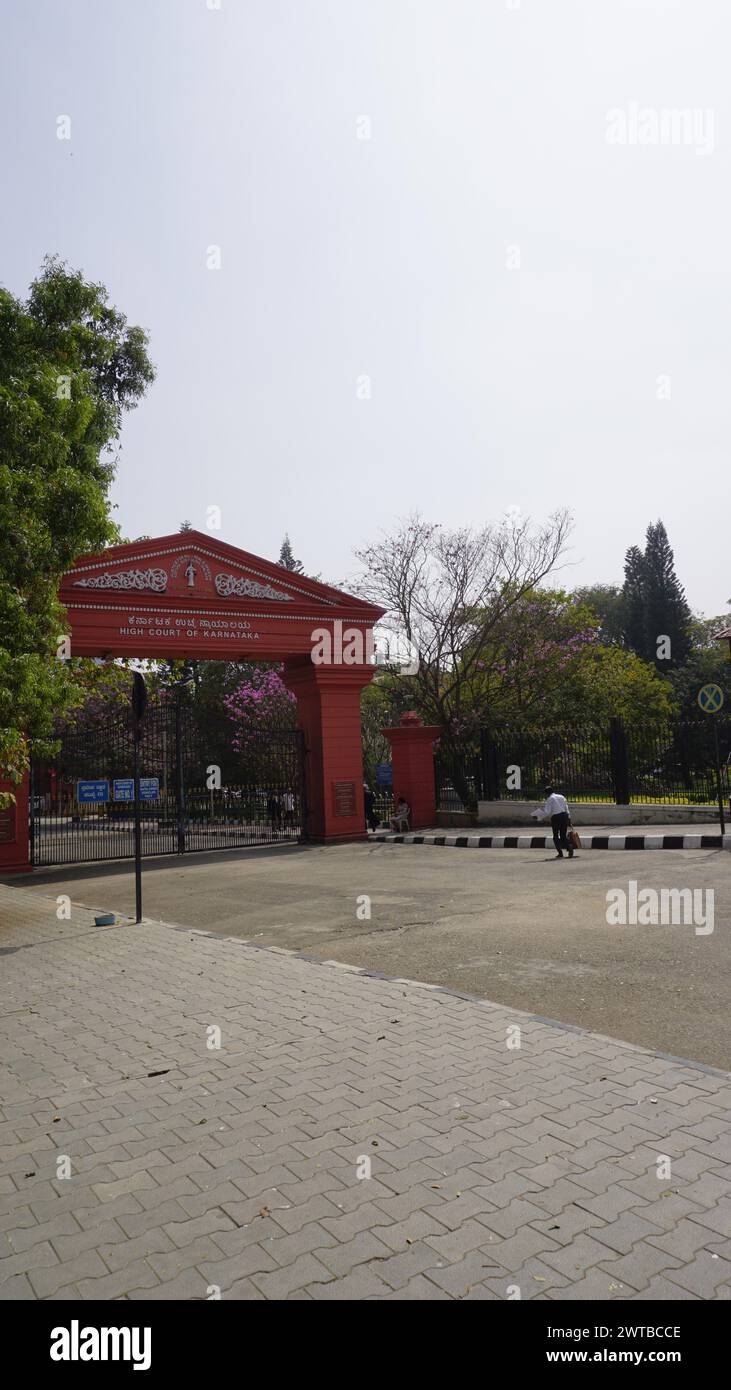 Bangalore, India - January 16 2024: Front Entrance of High court of Karnataka in Dr B R Ambedkar veedi Bengaluru. Amazing historical architecture. Stock Photo