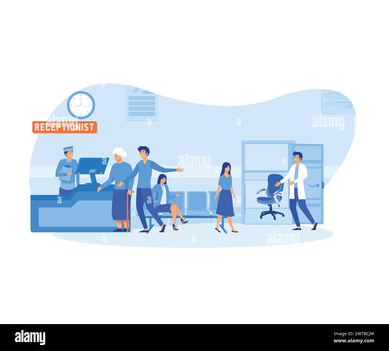 Patients at a hospital reception desk registering and paying at the desk or sitting waiting for the doctor in a healthcare concept. flat vector modern Stock Vector