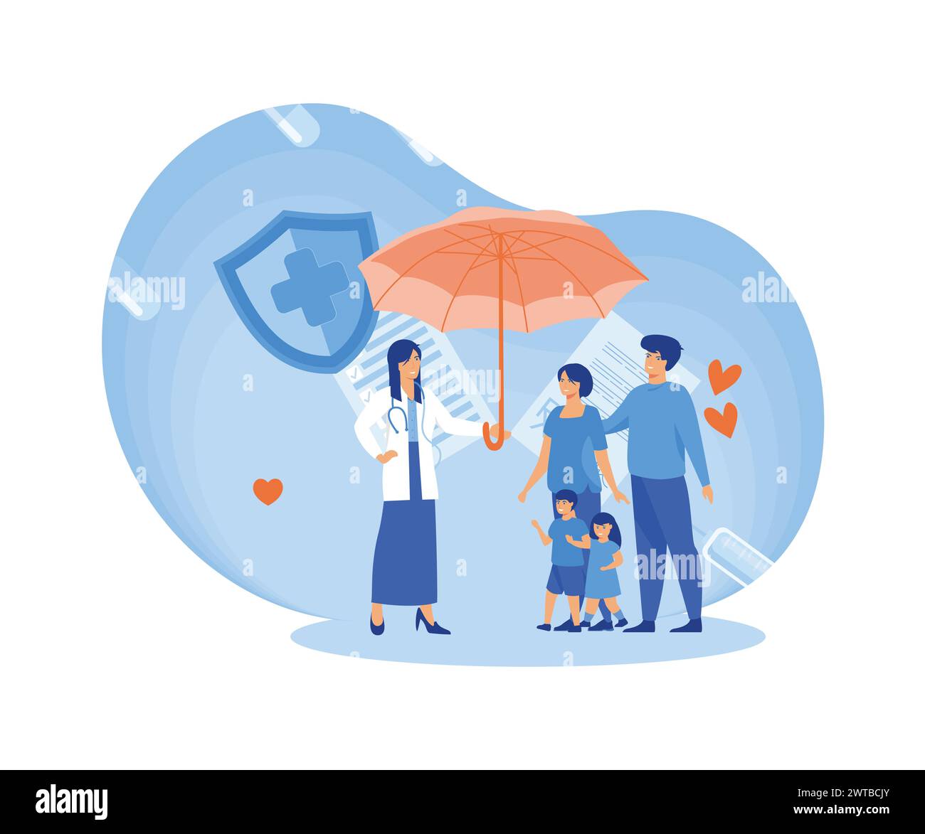 Doctor and Patients in Hospital filling Health and Life Insurance Policy Contract. Doctor holding Umbrella over Family to Protect from Accident. Healt Stock Vector