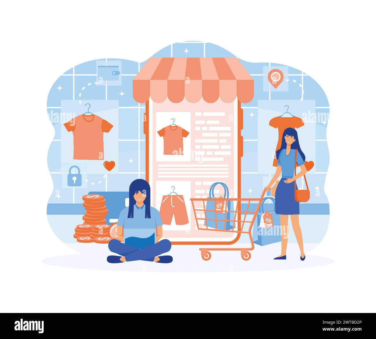 Mobile online shopping. People buy dresses, shirts and pants in online shops. Special offer, discount concept. flat vector modern illustration Stock Vector