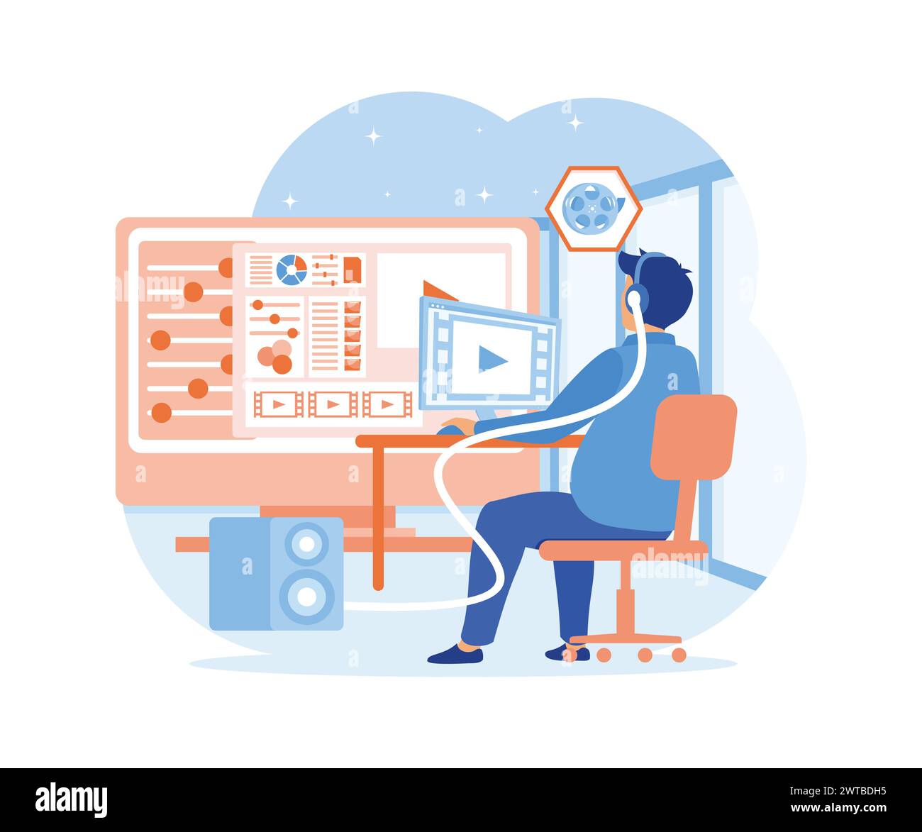 Video editor concept. Multimedia content production and footage editing. Making web page shoot, studio filmmaking. flat vector modern illustration Stock Vector