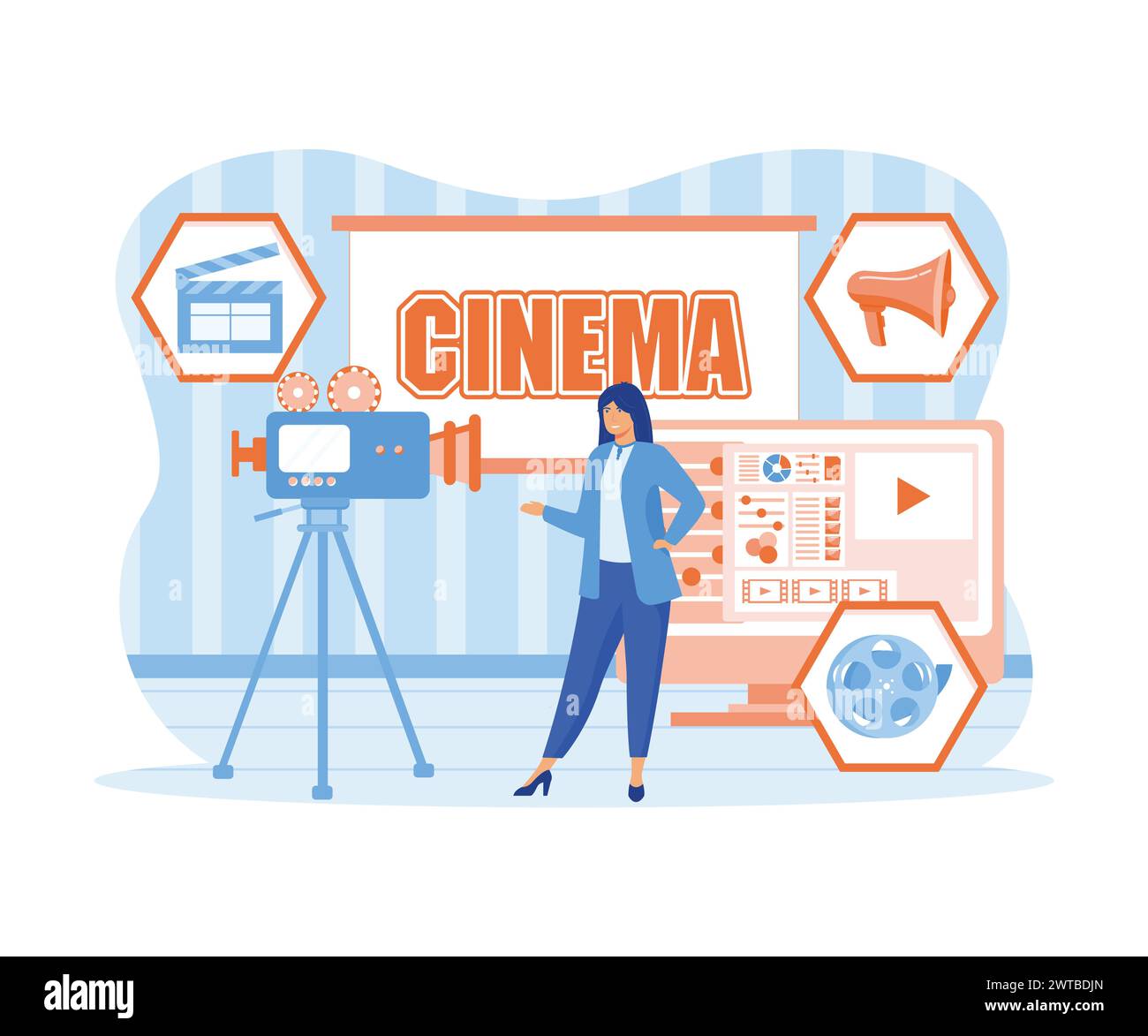 Film Production, Film making concept. Movie camera, loud speaker, clapper board, cine-film, video editor on screen, award statue, cinema screen. flat Stock Vector