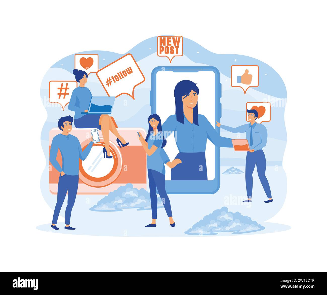 Blogging concept. Blogger creating photo and video content, writes new post for social media networks. Influencer marketing. flat vector modern illust Stock Vector