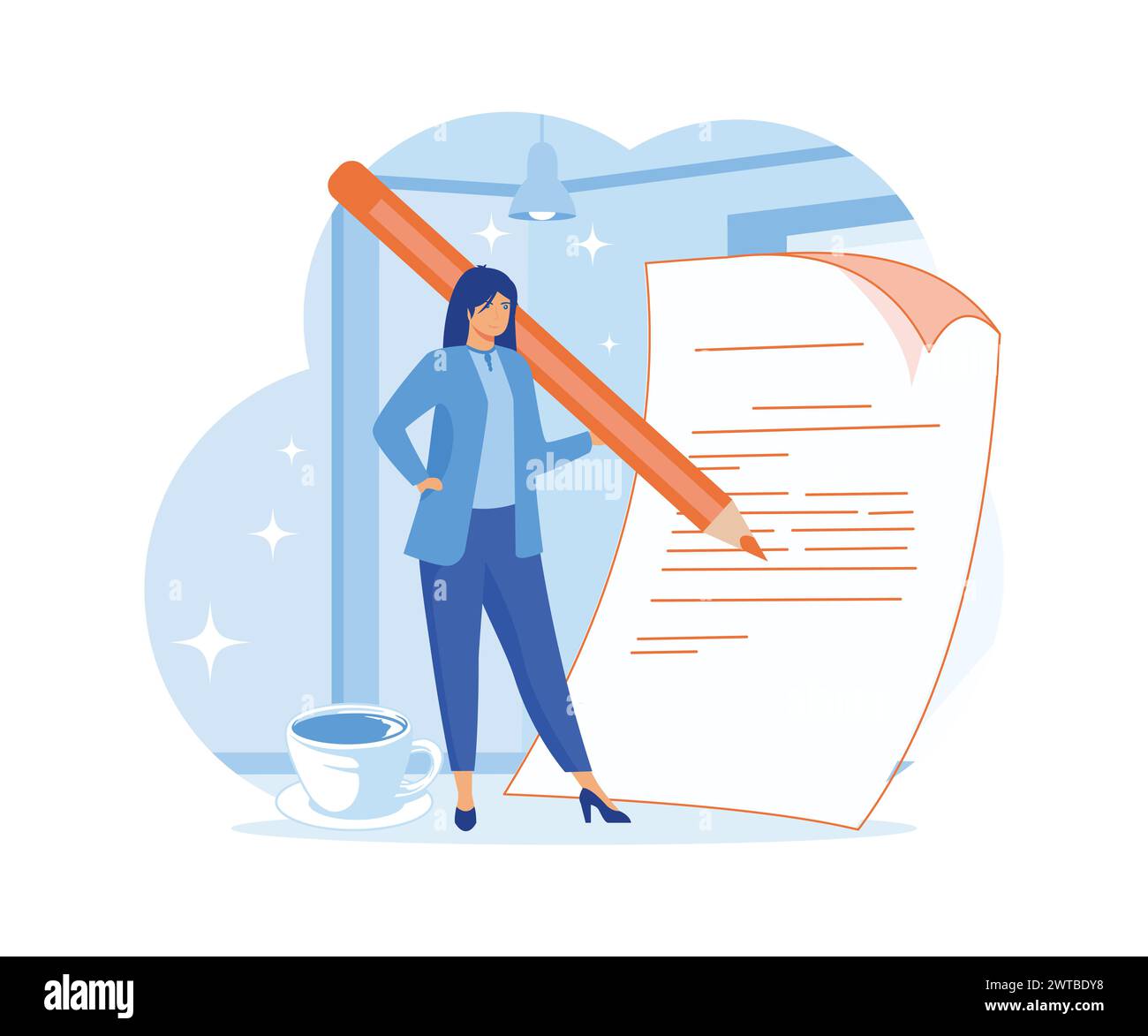 Content writer, blogger, bullet journalist or publishing editor concept, young smart woman freelance holding big pencil thinking and writing content o Stock Vector