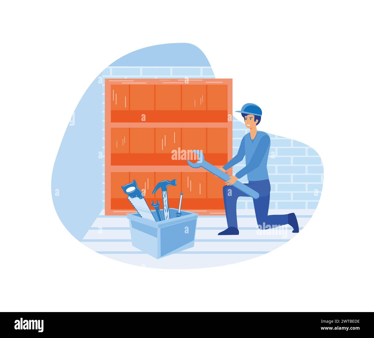 Home renovation with plumber contractor worker doing indoor maintenance. flat vector modern illustration Stock Vector
