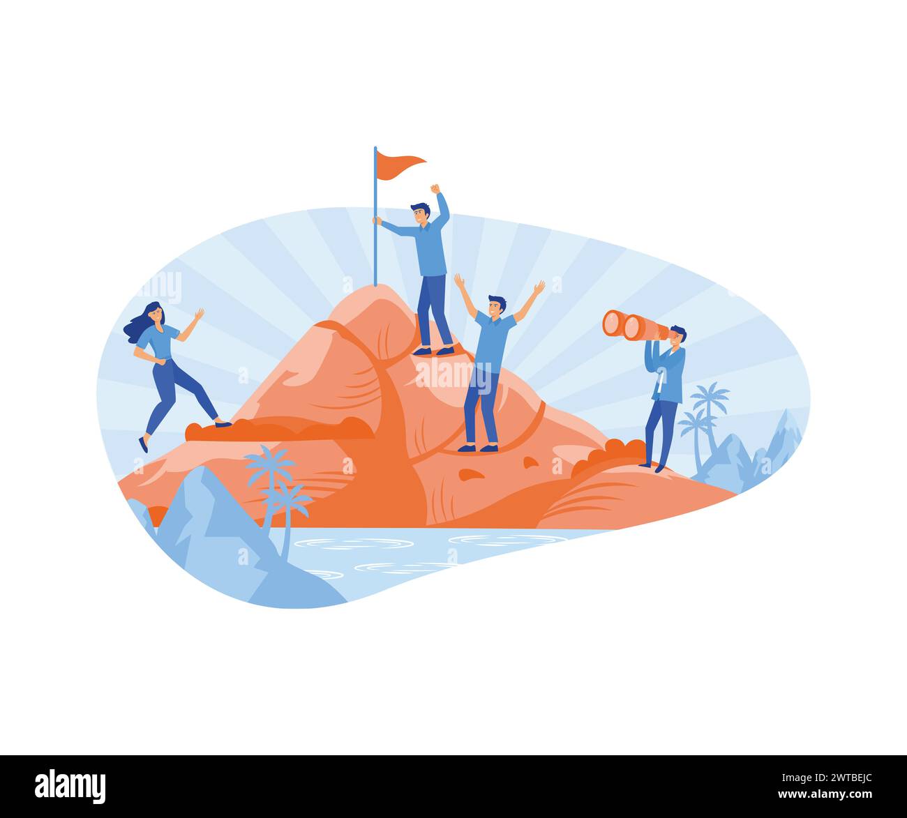 Leadership Concept. Business people climb top peak. Leadership and teamwork. flat vector modern illustration Stock Vector