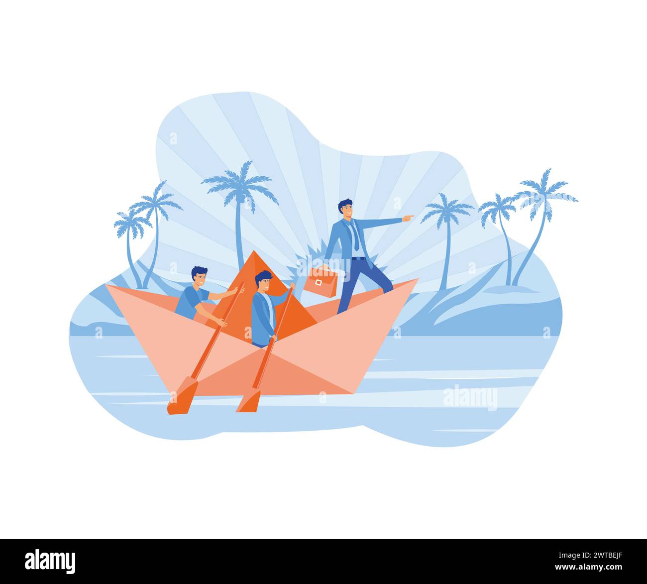 Leadership Concept. Businessman leader with binoculars lead business team sailing origami ship. flat vector modern illustration Stock Vector
