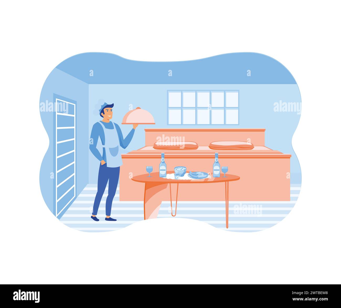 Hotel jobs. Room service, breakfast in bed, hospitality business. flat vector modern illustration Stock Vector