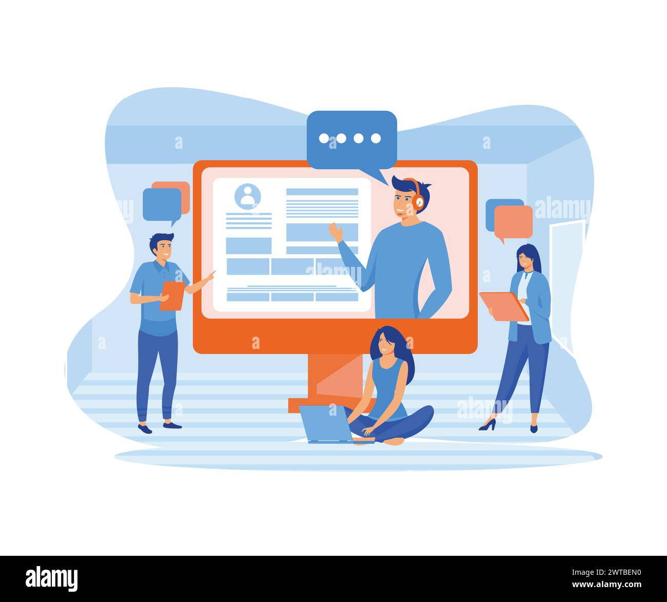Online assistant 1 Concept. Virtual help service. Advises client. Customer and operator, online technical support. flat vector modern illustration Stock Vector