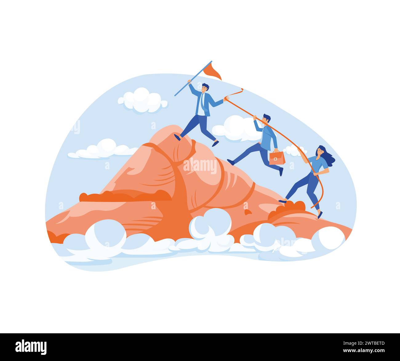 Leadership Concept. Business people climb to the top of the mountain, leader helps the team to climb the cliff and reach the goal. flat vector modern Stock Vector