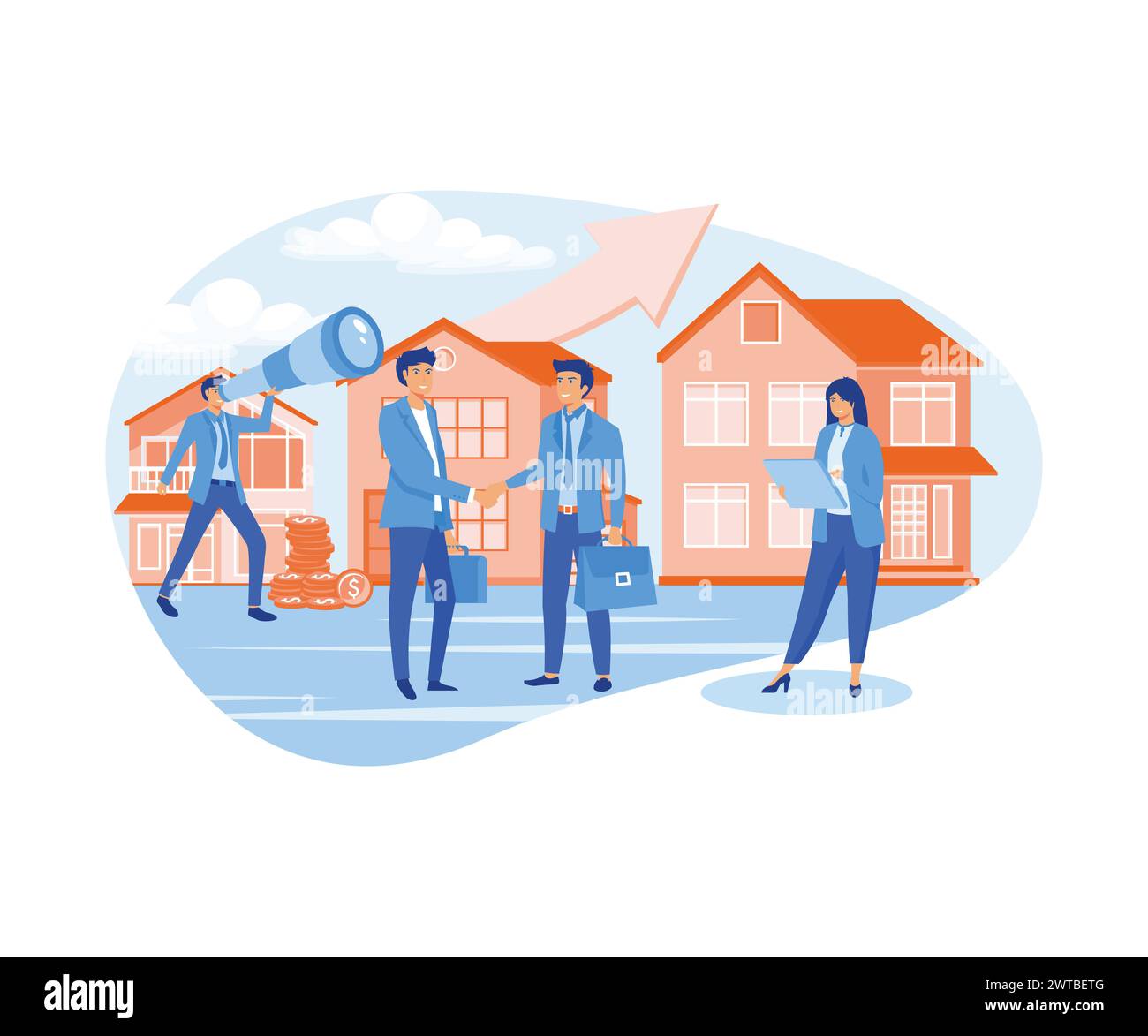 Real estate business concept with houses, real estate market growth, exchange of living space, presentation of a house, house for an apartment. flat v Stock Vector