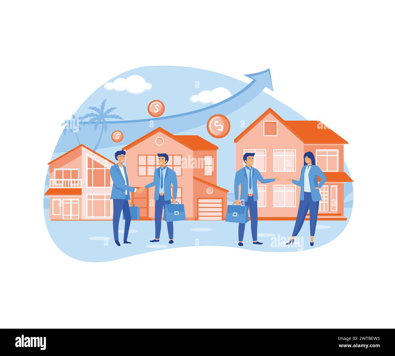 Real estate transaction and rising of property value. People selling property and buying house and cottage. For business or new home concept. flat vec Stock Vector