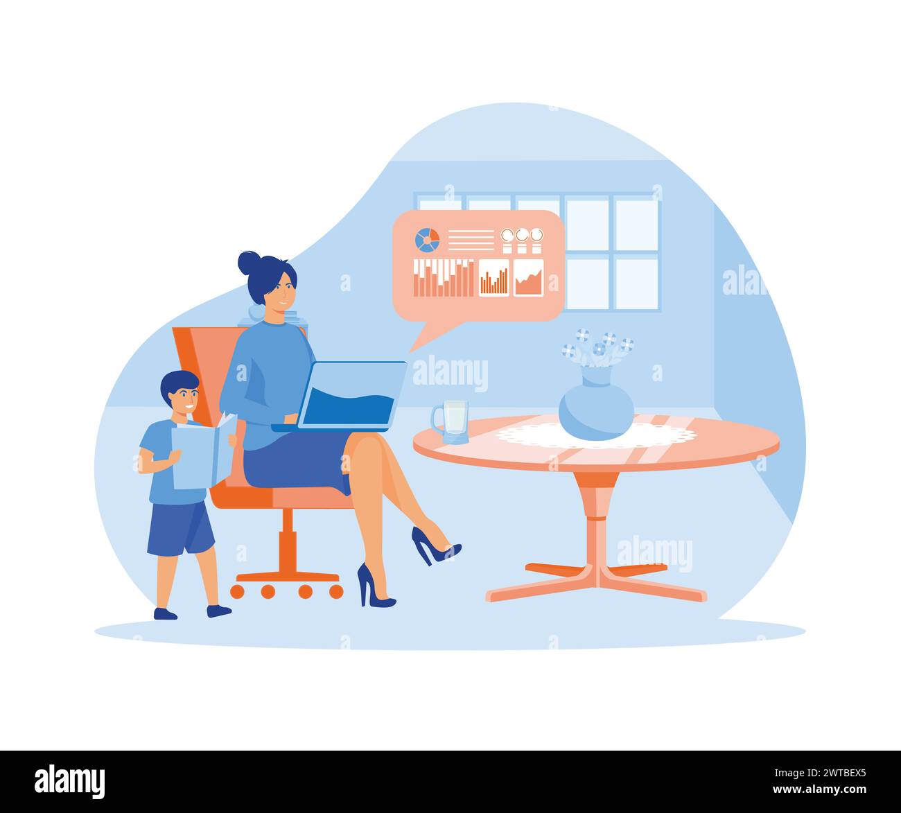 Freelancer with child working on laptop. Parent working with son. Home office. Remote worker, employee schedule, flexible schedule concept. flat vecto Stock Vector