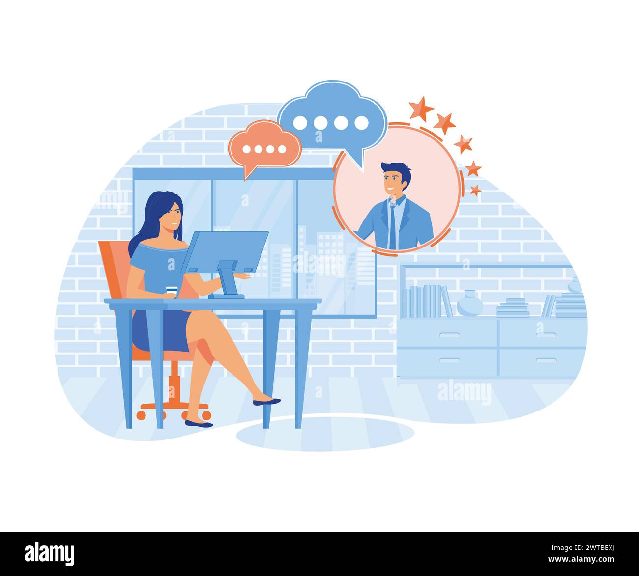 Woman Working at Home Office. Sitting at Desk in Cozy Room, Looking at Computer Screen and Talking with Colleagues Online. flat vector modern illustra Stock Vector