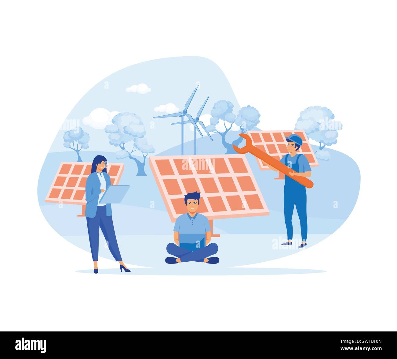 Solar energy panels system concept. Installing solar modules. Field service technicians, engineer, manager and architect. Scene with people and equipm Stock Vector