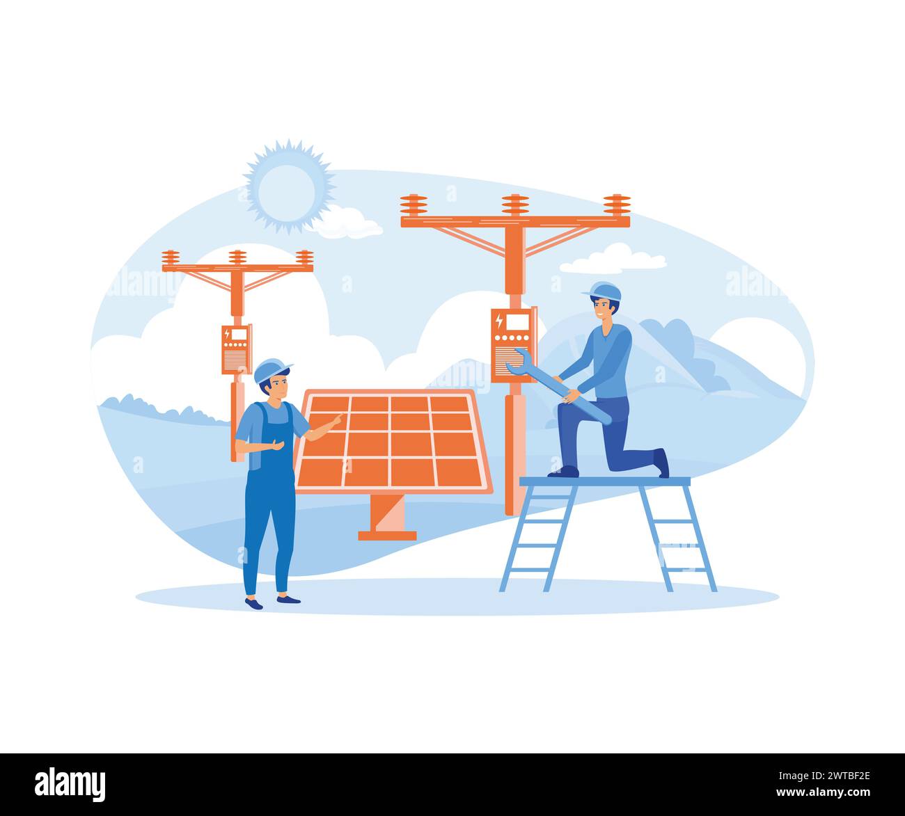 Solar Energy Installation, Panel or Wind Turbine Maintenance with Home Service Team For Electricity Network Operation. flat vector modern illustration Stock Vector