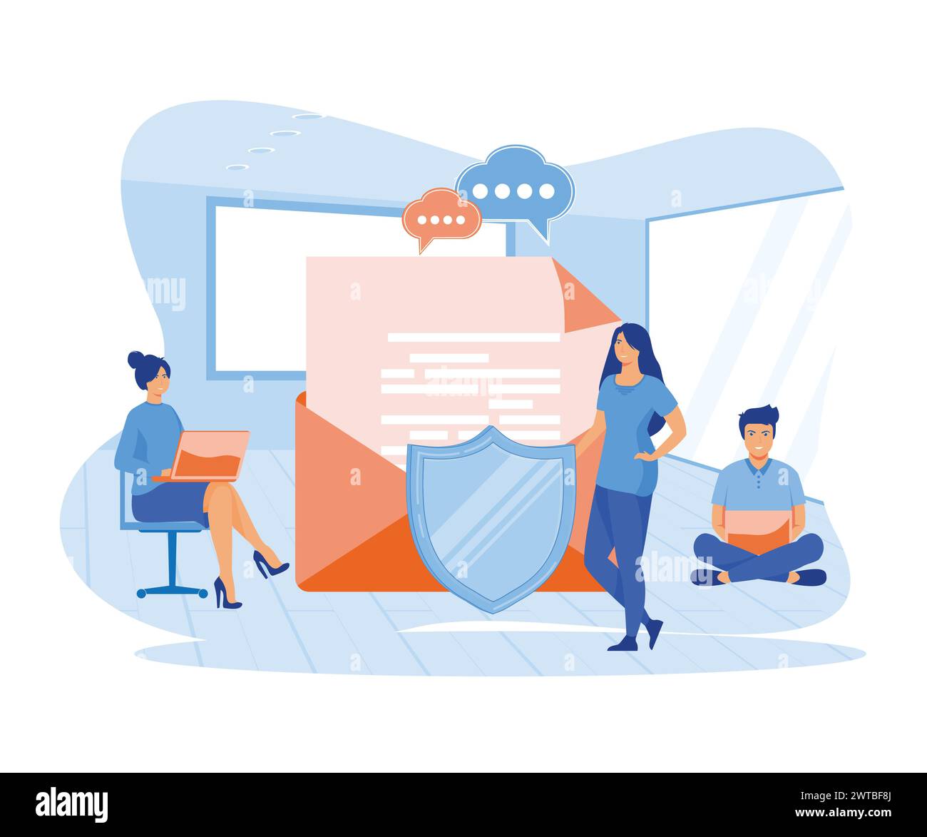 Private messages, email encryption, confidential information protection. Group of people stand near big envelope, letter, shield. flat vector modern i Stock Vector