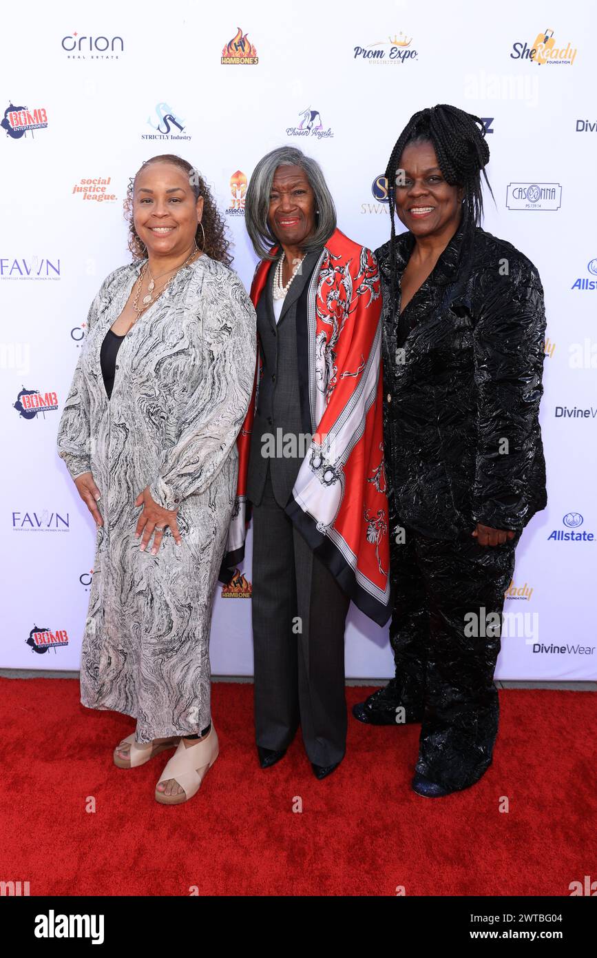 Los Angeles, California, USA. 9th March, 2024. Octavia Clayton, co-founder of Prom Expo Unlmited, Mayor Emma Sharif, City of Compton, and designer/founder of Prom Expo Unlimited StormyWeather Banks, attending the Prom Expo Unlimited Honors Tiffany Haddish’s She Ready Foundation at the Earvin 'Magic' Johnson Park & Community Event Center in Los Angeles, California.  Credit: Sheri Determan Stock Photo