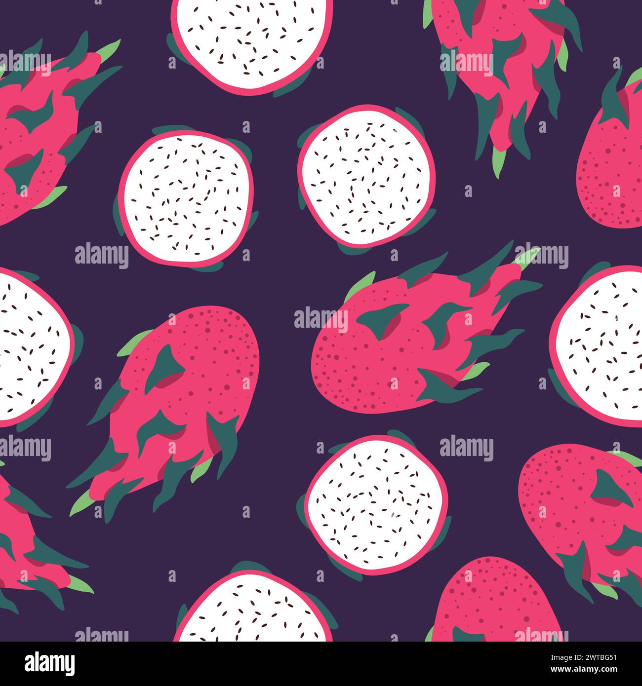 Dragon fruit with seeds and leaves seamless print Stock Vector Image ...