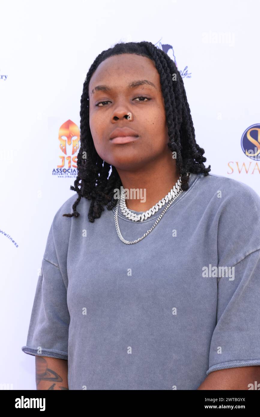 Los Angeles, California, USA. 9th March, 2024. Rapper Active the Great attending the Prom Expo Unlimited Honors Tiffany Haddish’s She Ready Foundation at the Earvin 'Magic' Johnson Park & Community Event Center in Los Angeles, California.  Credit: Sheri Determan Stock Photo