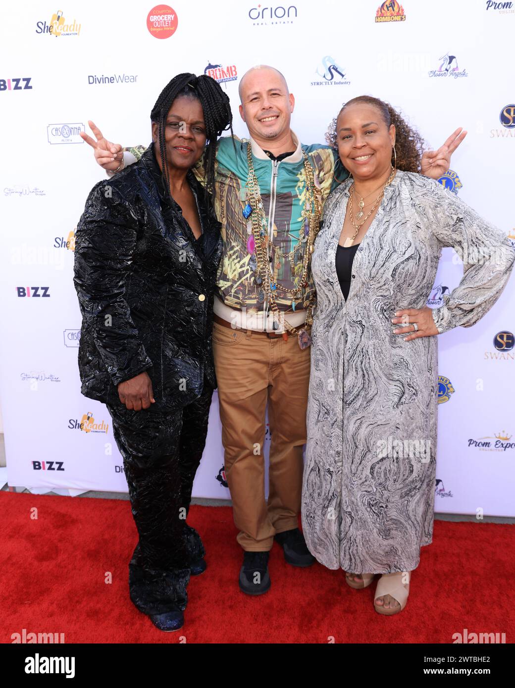 Los Angeles, California, USA. 9th March, 2024. Designer/founder of Prom Expo Unlimited StormyWeather Banks, jewelry designer Xavier Madera, and Octavia Clayton co-founder of Prom Expo Umlimited, attending the Prom Expo Unlimited Honors Tiffany Haddish’s She Ready Foundation at the Earvin 'Magic' Johnson Park & Community Event Center in Los Angeles, California.  Credit: Sheri Determan Stock Photo