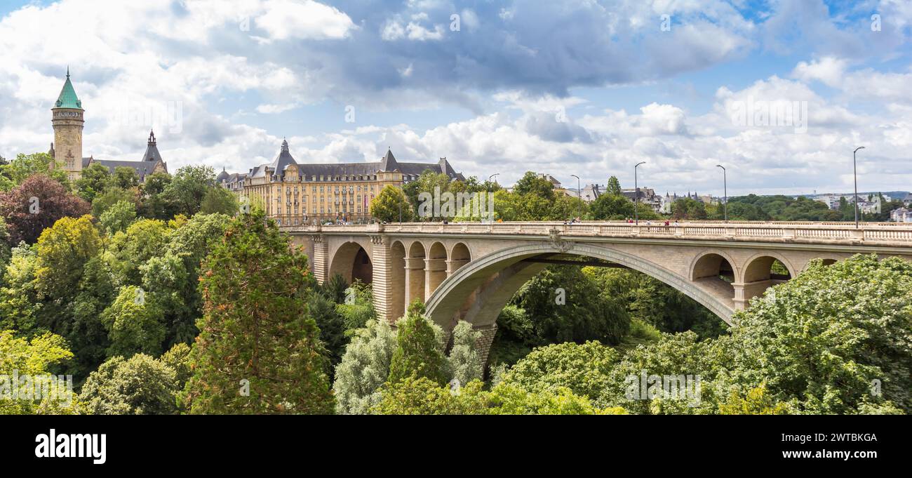 Panorama of Adolphe bridge to the Bourbon Plateau in Luxembourg city Stock Photo