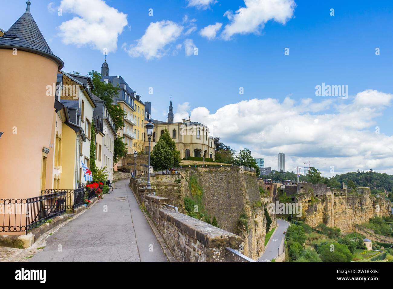 Old street at the historic fortified walls of Luxembourg city Stock Photo