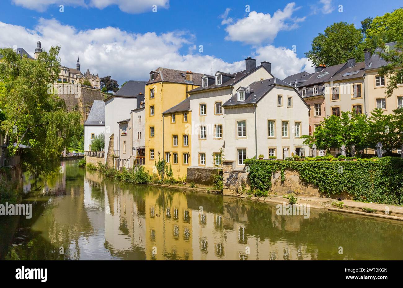 Houses at the Alzette river in Grund, Luxembourg city Stock Photo