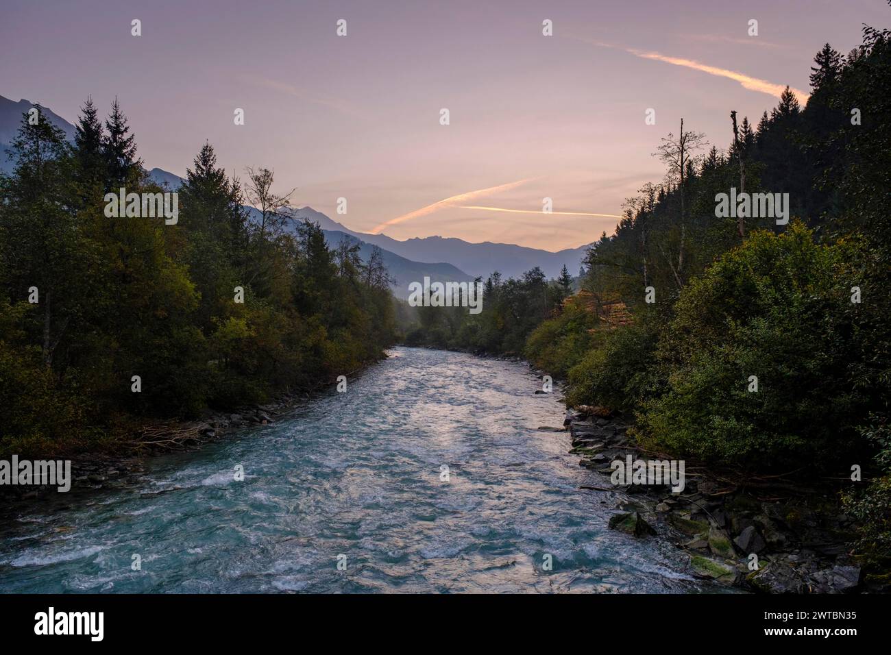 Morning atmosphere on the river Isel, near Virgen, Virgental, East Tyrol, Tyrol, Austria Stock Photo