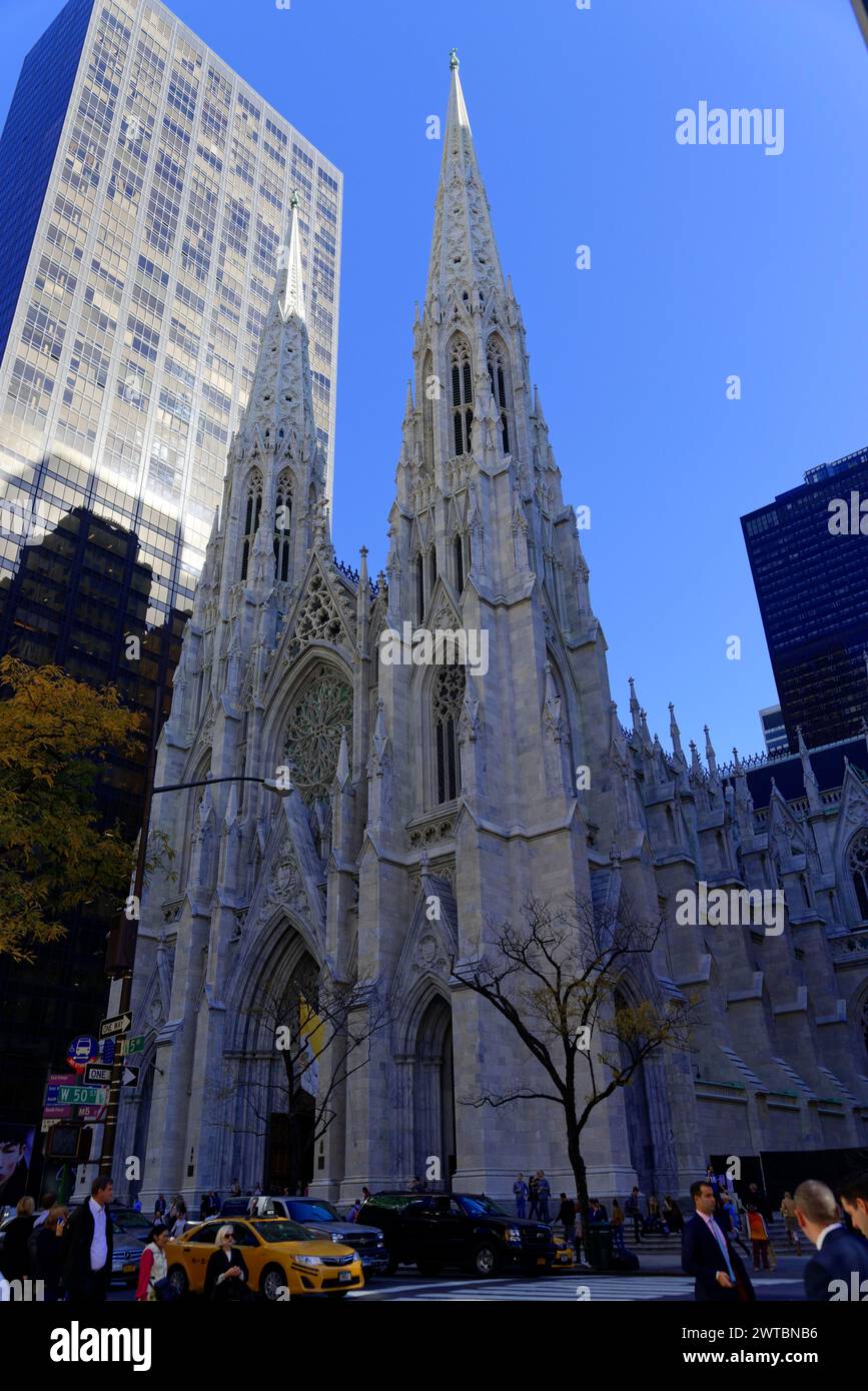 Saint Patricks Old Cathedral or Old St. Patricks, Lower Manhattan, Majestic Gothic cathedral rises into the blue sky, Manhattan, New York City, New Stock Photo