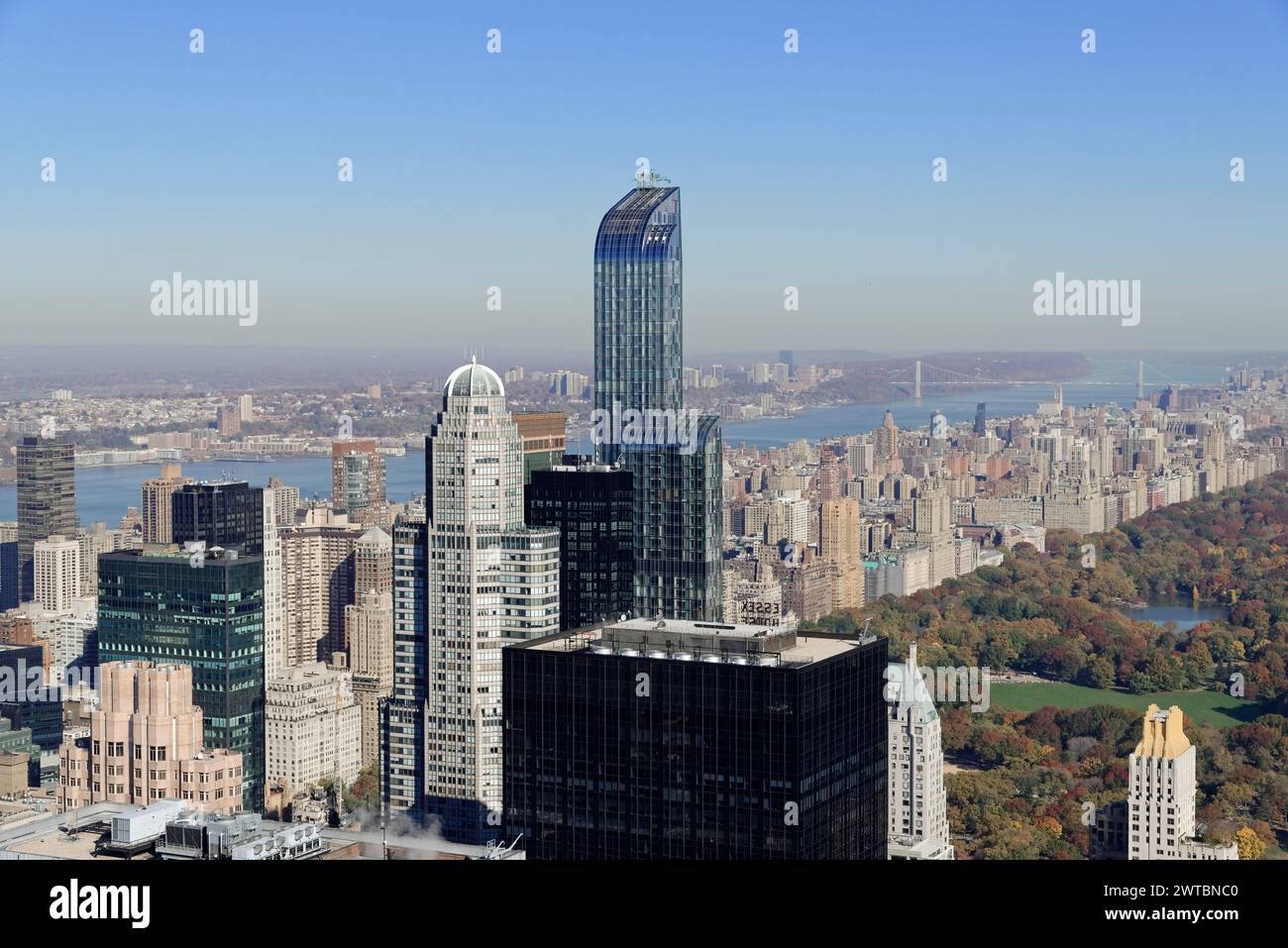 Viewing terrace of Rockefeller Center, view of Central Park surrounded by skyscrapers in autumn, Manhattan, New York City, New York, USA, North Stock Photo
