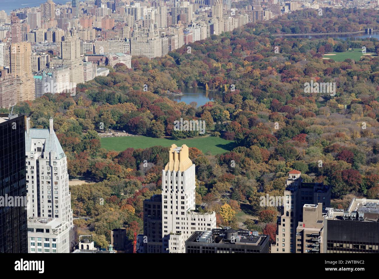 Viewing terrace of Rockefeller Center, view of Central Park in full autumnal splendour, surrounded by skyscrapers, Manhattan, New York City, New Stock Photo
