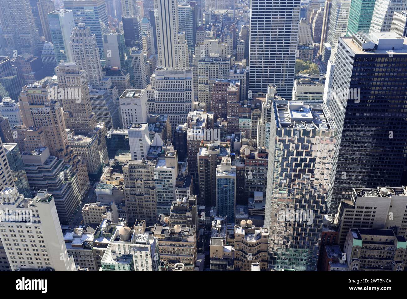 Viewing terrace of Rockefeller Center, aerial view of densely built-up streets and a multitude of buildings, Manhattan, New York City, New York, USA Stock Photo