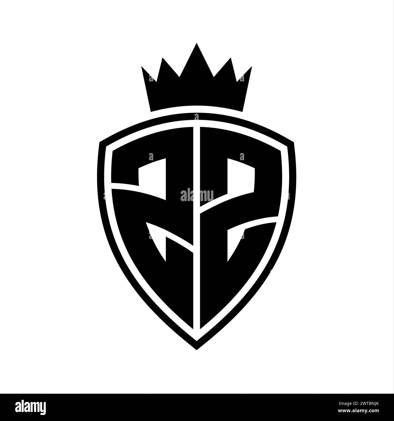 ZZ Letter bold monogram with shield and crown outline shape with black ...