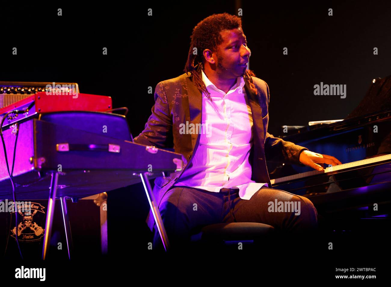 The Cuban pianist, composer and arranger Rolando Luna (keyboards, piano), with El Comité jazz group from Cuba, in concert during the Éclats d'Email Ja Stock Photo