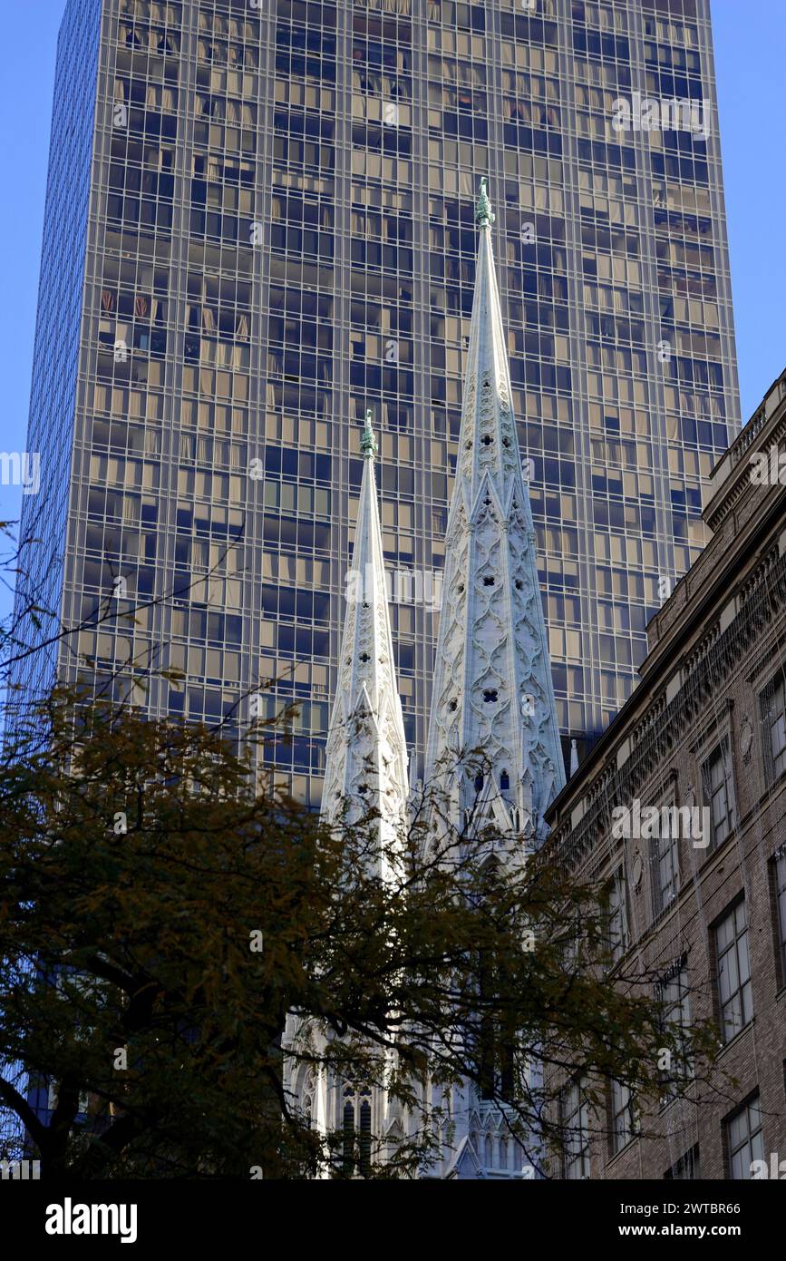 Church spires in the glass facade of a modern skyscraper, Manhattan, Brooklyn, New York City, New York, USA, North America Stock Photo