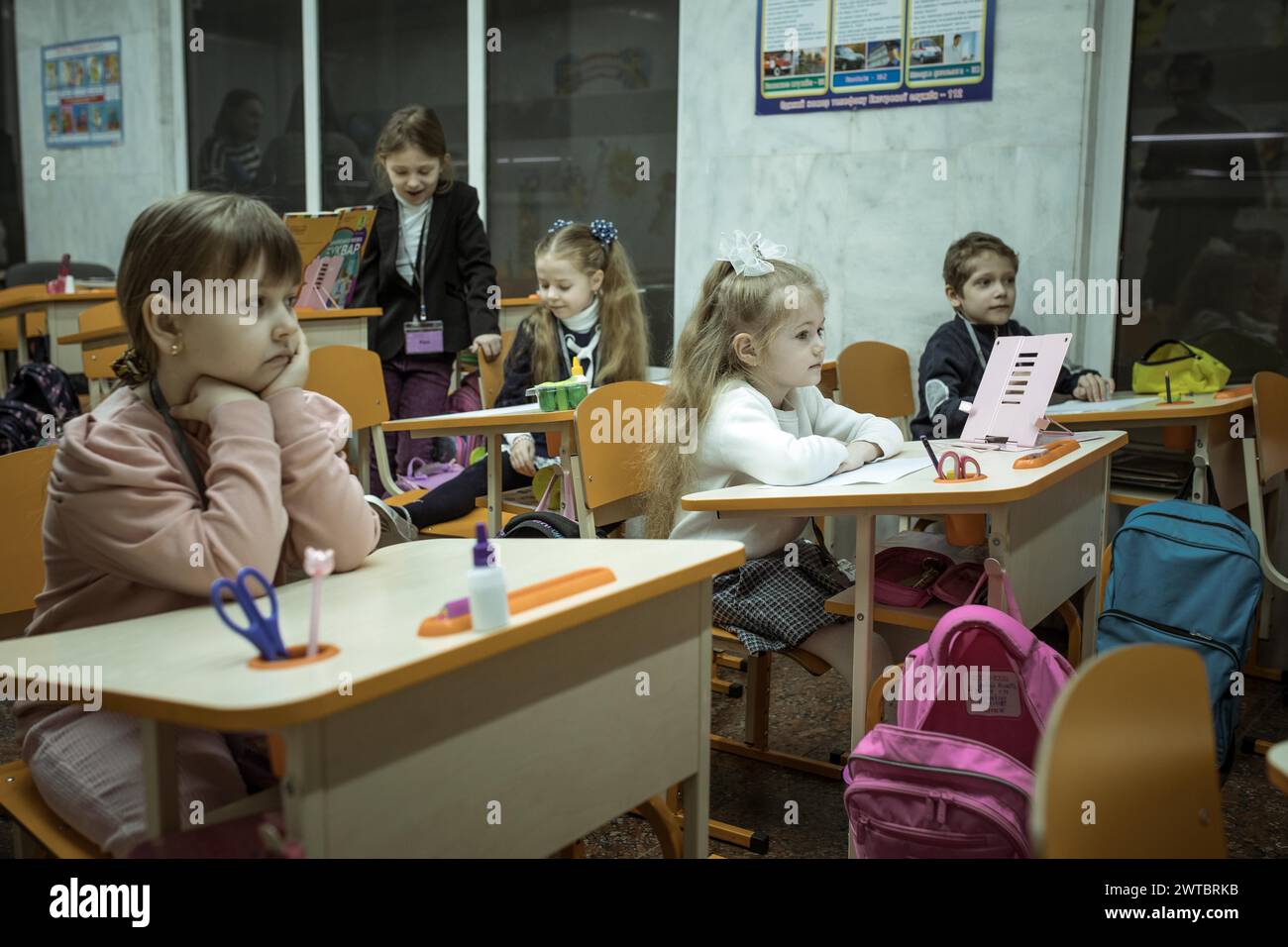 Pupils in a classroom in one of the metro schools in Kharkiv ...