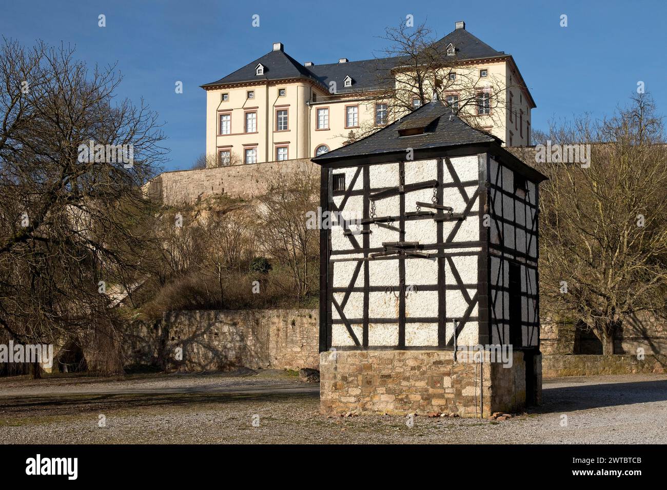 Pigeon tower in the courtyard of Canstein Castle, Canstein Castle, Marsberg, Sauerland, North Rhine-Westphalia, Germany Stock Photo