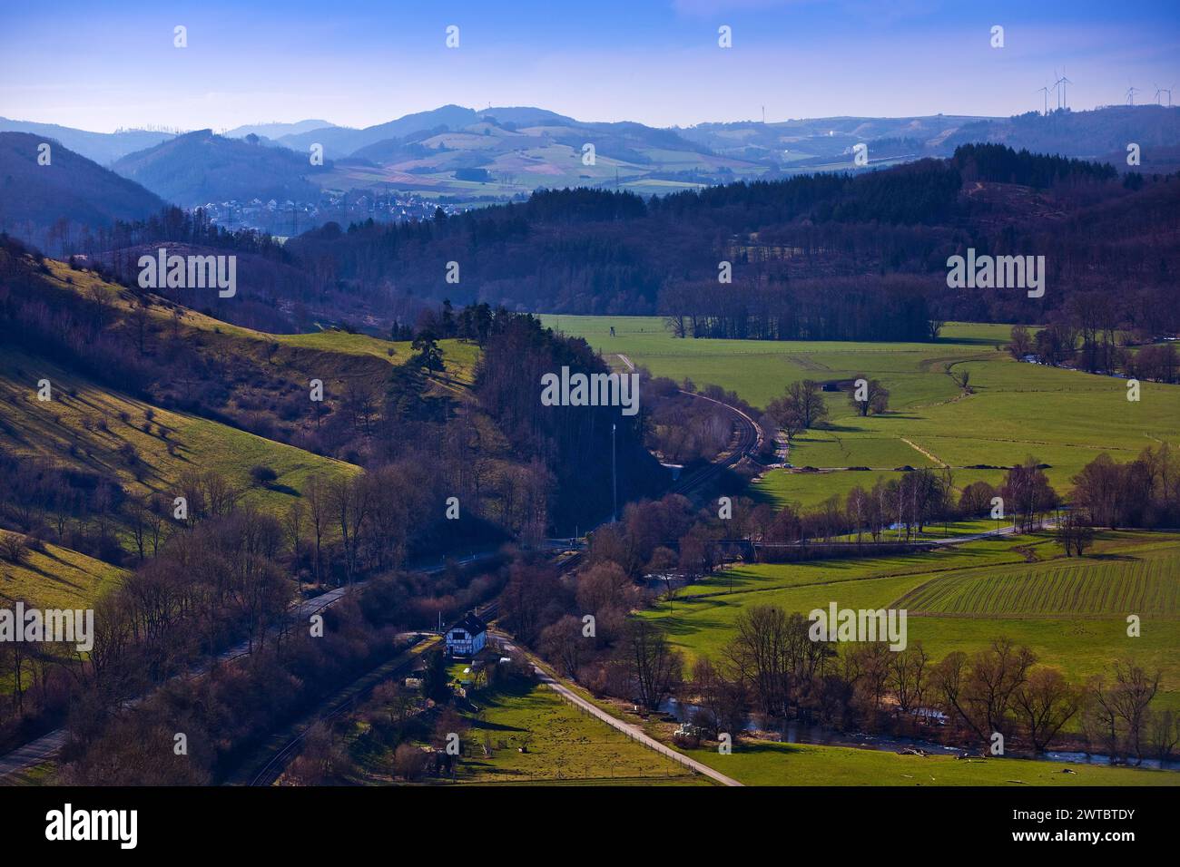 View from the Calvary into the Lower Diemel Valley, Marsberg, Sauerland, North Rhine-Westphalia, Germany Stock Photo