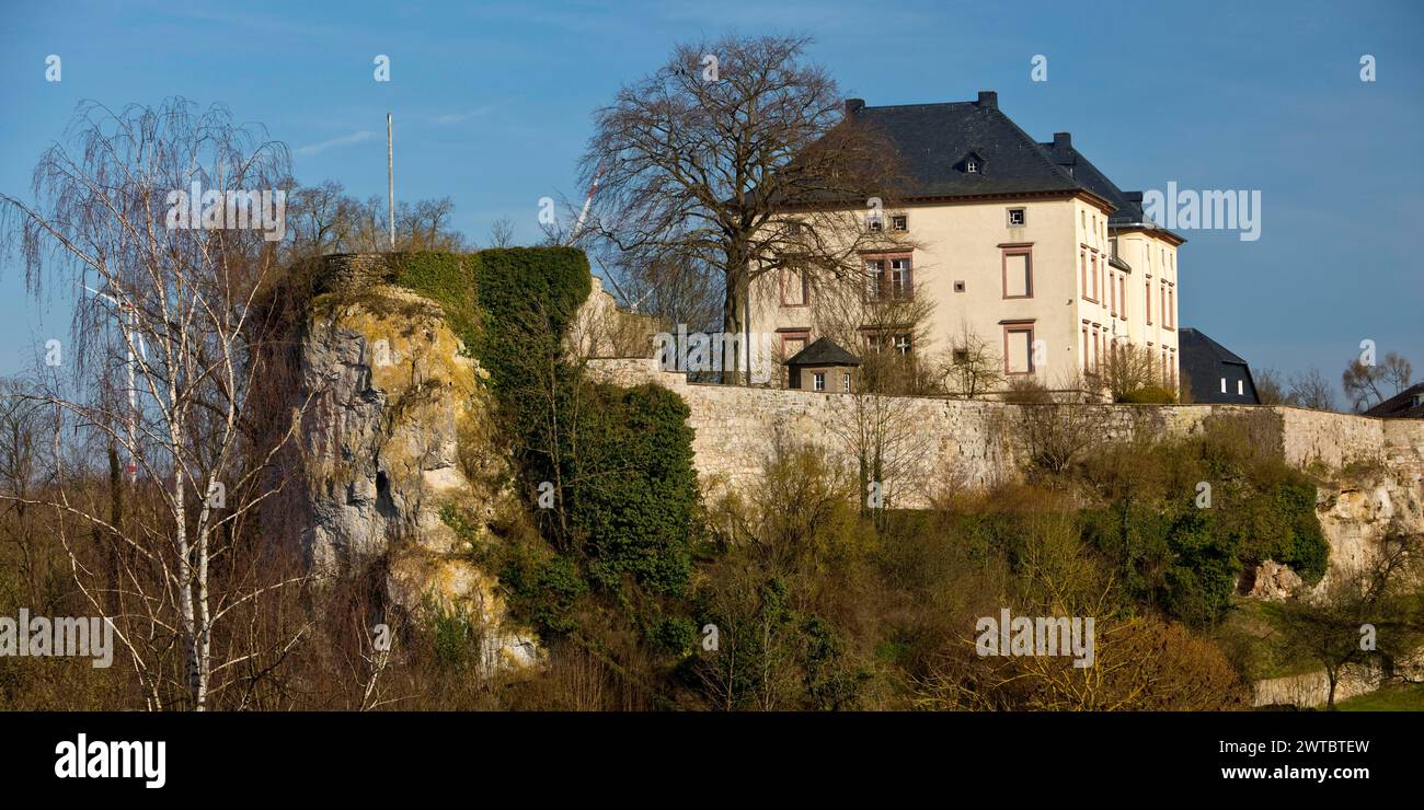 Canstein Castle, castle complex in Canstein on a steep limestone cliff, Marsberg, Sauerland, North Rhine-Westphalia, Germany Stock Photo