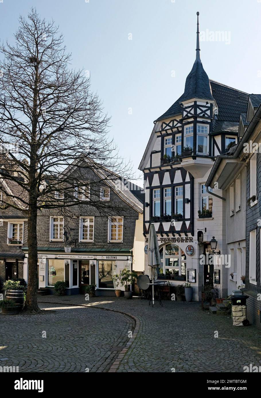 Church square with typical Bergisch houses, Historic Upper Town, Mettmann, Bergisches Land, North Rhine-Westphalia, Germany Stock Photo