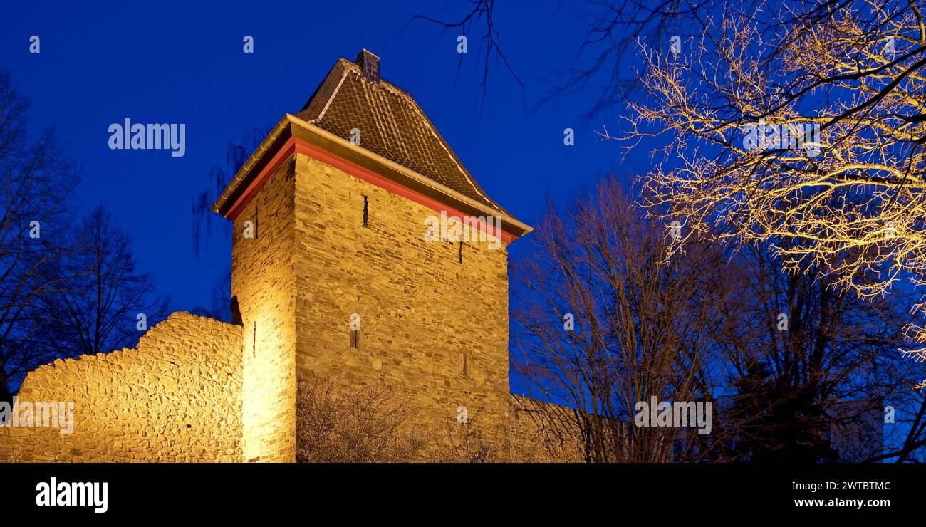 Illuminated Trinsen Tower in the evening, Old Town, Ratingen, Bergisches Land, North Rhine-Westphalia, Germany Stock Photo