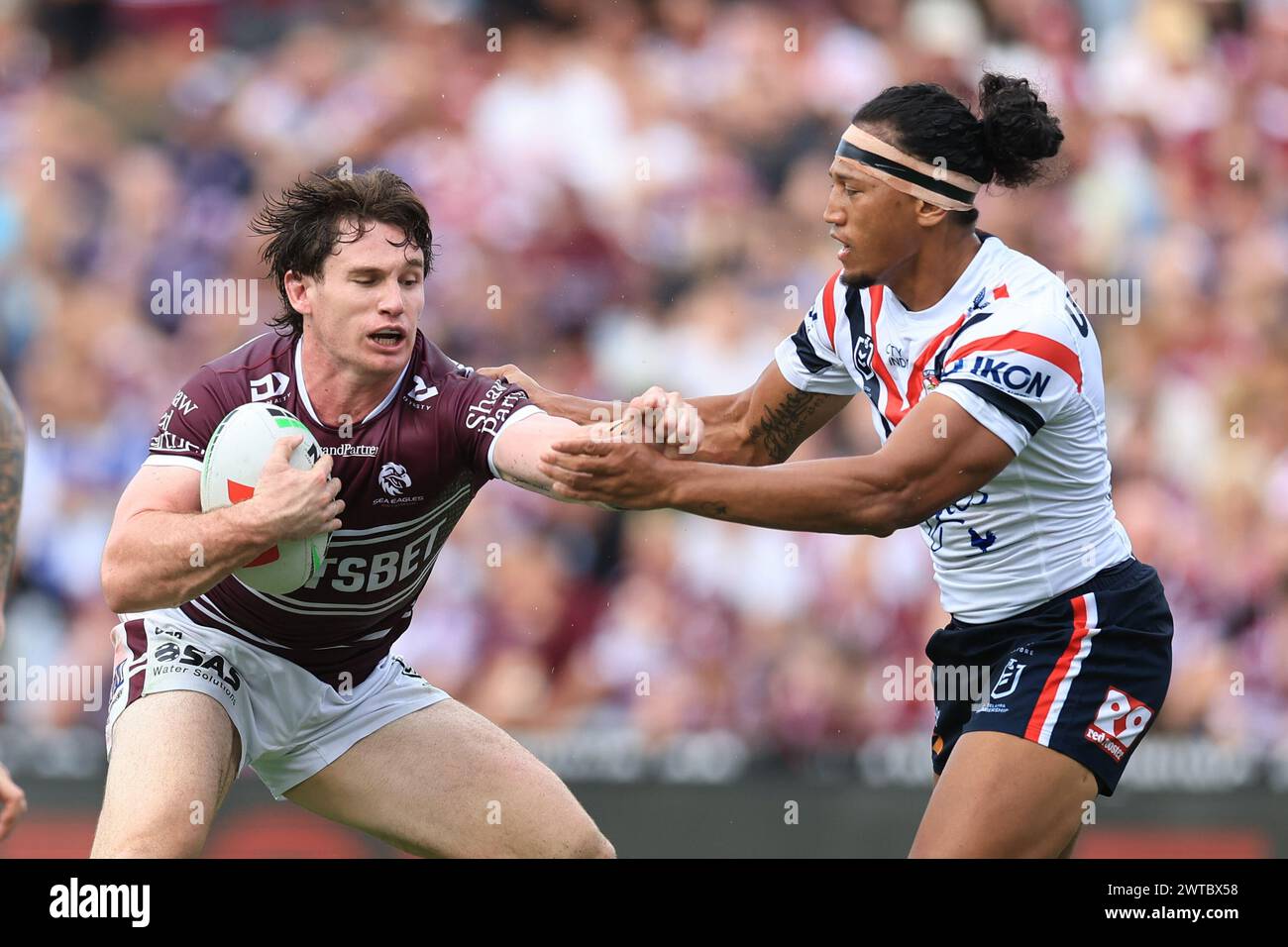 Sydney, Australia. 17th Mar, 2024. Ethan Bullemor of the Sea Eagles is ...