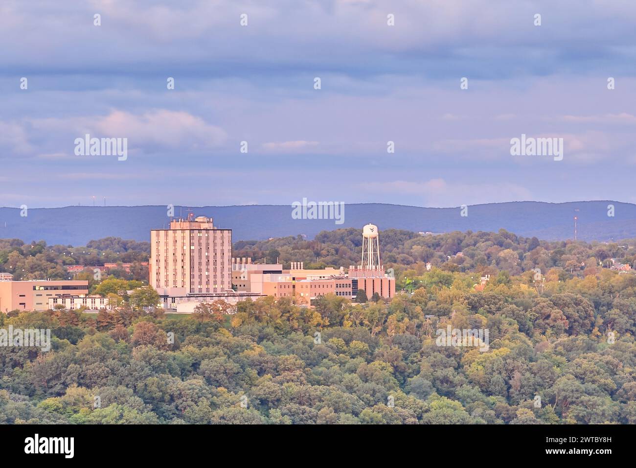 An aerial of the West Virginia City Skyline with the West